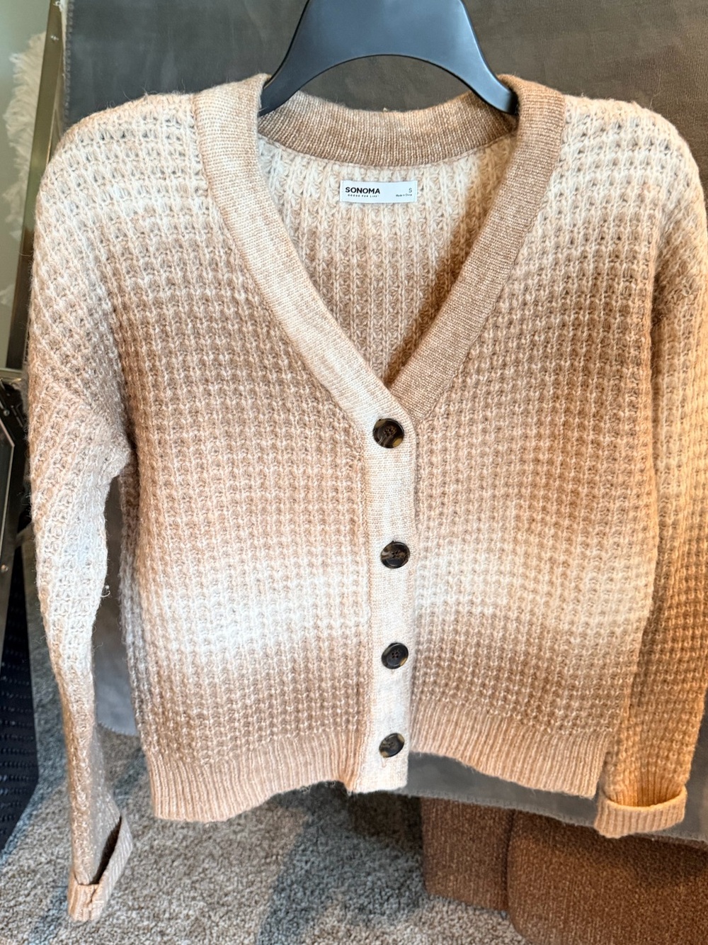 Sonoma Light Beige Waffle Knit V-Neck Button Cardigan